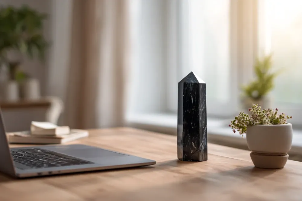 Black tourmaline crystal tower on desk beside laptop for EMF protection